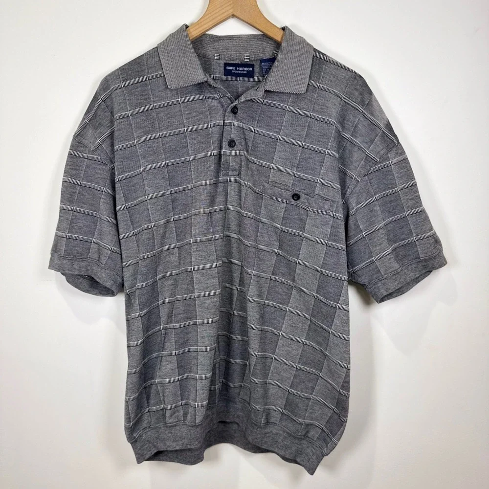 90s Polo Shirt Mens‎ XL Grey Textured Dad style grandpacore Retro preppy vintage